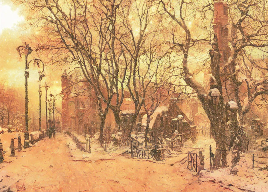 Snowy Park Scene at Dusk with Street Lamps and Bare Trees