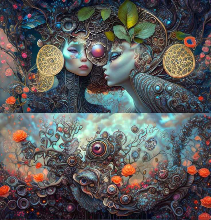 Detailed surreal portraits with mechanical and organic elements, vibrant flowers, faces, and eyes.