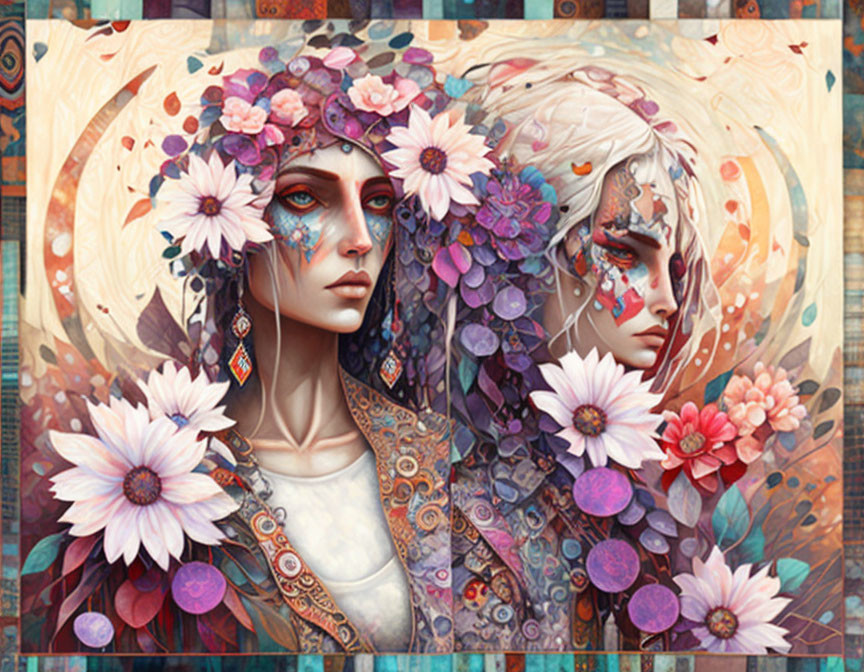 Stylized faces with vibrant flowers and patterns on tapestry background