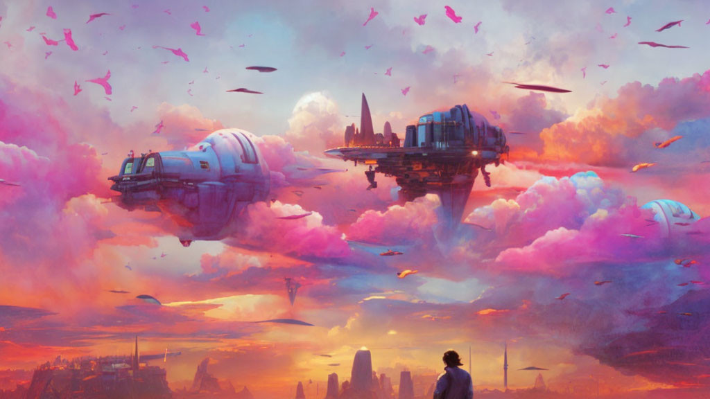 Futuristic cityscape at sunset with flying vehicles and lone figure