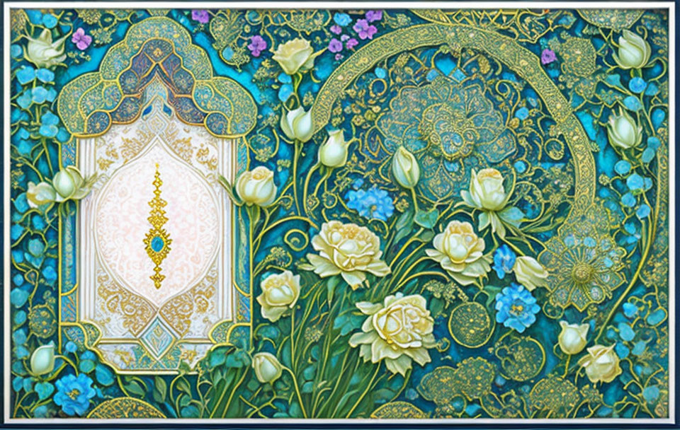Intricate Persian-inspired floral motif in blue, green, white, and gold