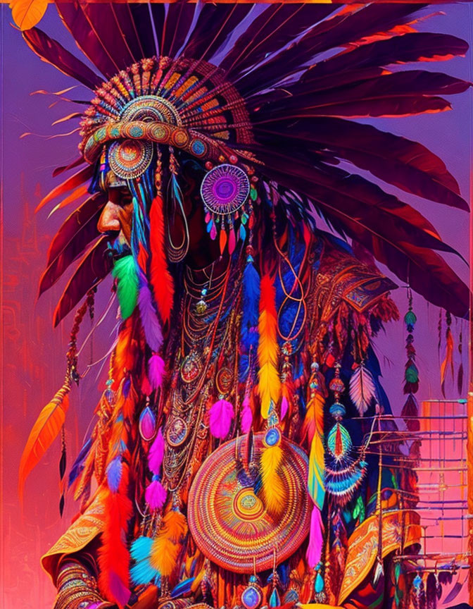 Colorful Portrait of Person in Native American Headdress & Attire