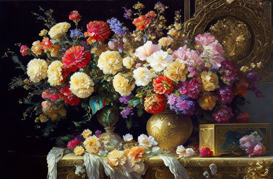 Colorful Floral Arrangement in Golden Vase on Draped Table