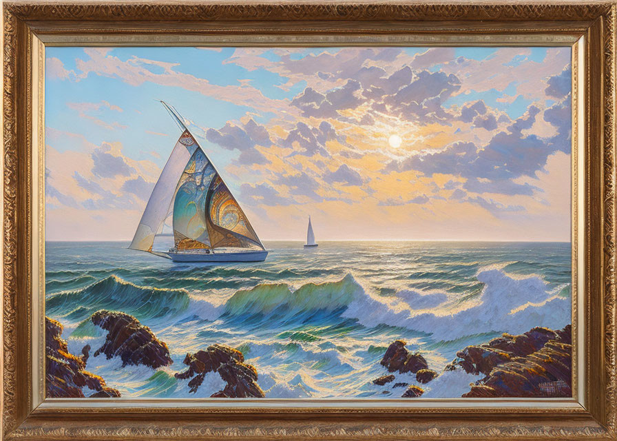 Sailboat painting with sunset sea scene in golden frame