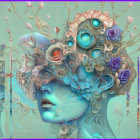 Blue-skinned female with intricate headdress in surreal artwork