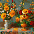 Vibrant assorted flowers in golden vases on draped table in oil painting