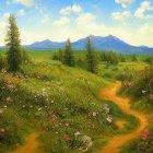 Lush meadow with wildflowers, trees, and misty mountains in a landscape painting