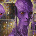Colorful digital artwork of stylized purple alien female face with cosmic panels