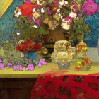 Colorful Still Life Scene with Vases, Flowers, and Textiles