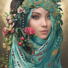 Young Woman Portrait with Floral Motifs and Headgear in Lush Setting