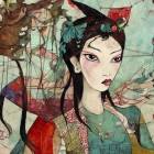 Illustrated Asian woman in traditional attire with floral backdrop and bird