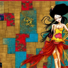 Stylized female figure with elaborate hairstyle and colorful attire on textured patchwork background