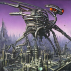 Futuristic dystopian landscape with towering spires and menacing robotic insect.