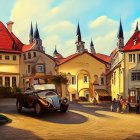 Vintage-style painting of European village street scene with cobblestones, old buildings, classic car, and