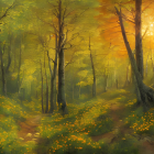 Serene forest watercolor with sun rays, wildflowers, and stream