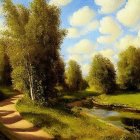 Tranquil forest landscape with river and dirt path