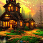 Cozy cottage in serene forest at sunset with lush greenery