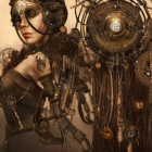 Intricate steampunk attire with gears, feathers, and metallic centerpiece
