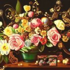 Colorful Still Life Painting with Flowers and Vases