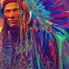 Colorful digital artwork featuring person with feather headdress & jewelry