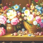 Colorful Painting of Ornate Vases with Flowers on Dark Background