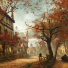 Medieval village with cobblestone streets and autumnal trees