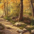 Tranquil Forest Path with Autumn Trees and Sunlight