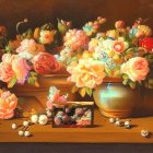 Opulent floral still life painting with vibrant flowers and ornate vases