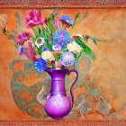 Colorful Flower Arrangement in Purple Vase on Ornamental Background