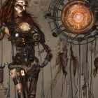 Steampunk-themed digital art of a woman with metal details and mechanical device