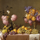 Colorful still life with flower bouquets, pottery, fruits, and patterned backdrop
