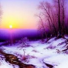 Winter forest scene with snow, bare trees, stream, colorful sky at dusk or dawn