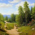 Tranquil landscape: vibrant meadow, rolling hills, tall trees