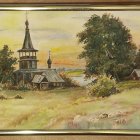 Tranquil landscape with gazebo on hill, framed pastoral painting