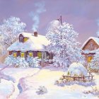 Snow-covered winter village with glowing cottages and falling snowflakes