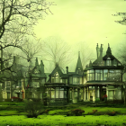 Gothic-style mansion in misty garden with eerie twilight light