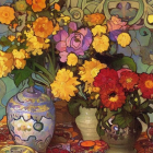 Colorful flowers in ornate vases on blue and gold backdrop
