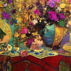 Colorful ornate vases and pottery with intricate patterns, set against lush flowers