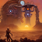Alien landscape with floating structure, spire formations, and humanoid insect figure.