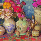 Colorful floral vases on vibrant backdrop of textiles and flowers