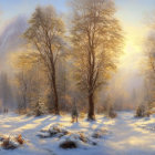 Snow-covered Winter Forest with Tall Trees and Sun Glow