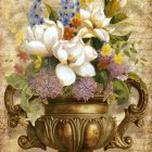 Golden-framed artwork of intricate vase with colorful flowers and pearls on textured background