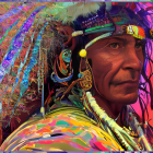 Colorful Native American man portrait with feathered headdress and dreamcatcher against abstract backdrop