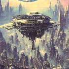 Futuristic cityscape with skyscrapers, circular central structure, and flying vehicles.