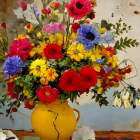 Colorful Flower Bouquet Painting in Yellow Vase on Blue Floral Background