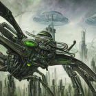Futuristic cityscape with organic-like structures and insect-inspired vehicle in green hues