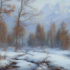 Winter Watercolor Painting of Snowy Path and Misty Mountains