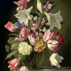 Assorted white, pink, and gold flowers on dark moody background with ornamental details