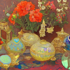 Intricate Gold-Toned Vessels and Lamps Among Orange Flowers