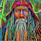 Colorful Native American elder portrait in traditional attire against mystical forest.